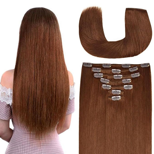 20 Inch Clip-in Hair Extensions Remy Human Hair for Women - Soft Handmade Real Human Hair Clip in Extensions, Straight, Thick, 155g 7pcs Auburn #30 Color