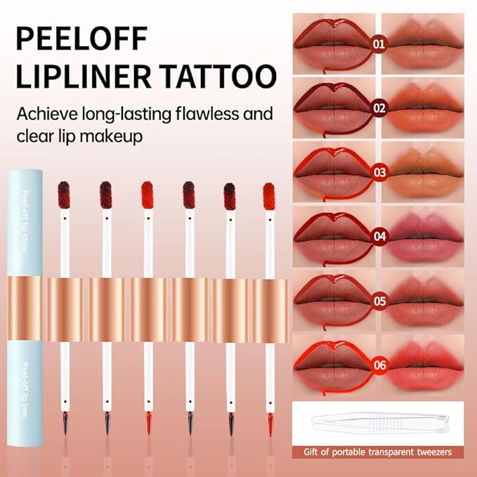 Matte Lip Liner Peel Off Lip Stain, Long Lasting Peel Off Lip Liner Stain, Peel-off Lip Gloss For All Skin Types, Transfer-proof Highly Pigmented Color Waterproof, (03#+06#, Pack of 2)