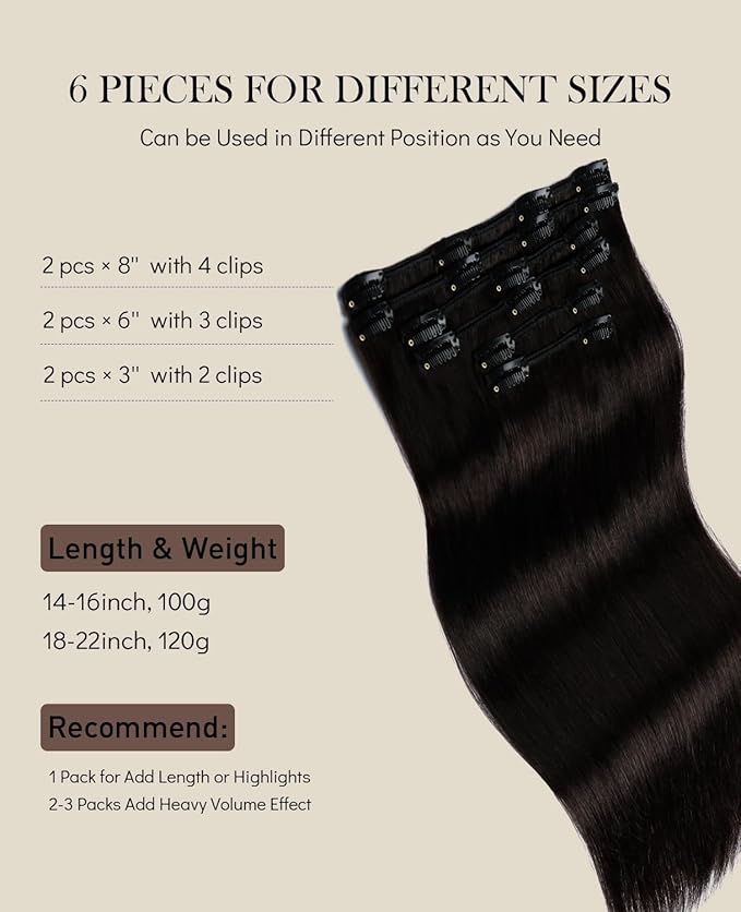 VINBAO Clip in Hair Extensions Human Remy Hair 18 Inch 6pcs 120g Off Black Human Hair Extensions Silky Straight Clip in Hair Extension Real Human Hair for Women(#1B,18'')