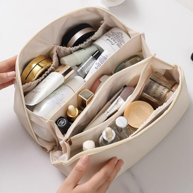 Large Capacity Makeup Bag Portable Travel Cosmetic Bag Opens Flat for Women Girls Makeup Pouch Portable Zipper Bag (Cream White)