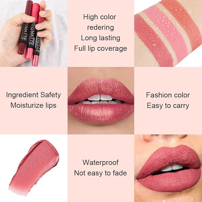 Deep Dark Red Matte Lipstick and Lip Crayon Liner Pencil Pen Set for Women Lip Stain Long Lasting Waterproof labiales (1, 1Pcs 01# Light Pink Metallic)