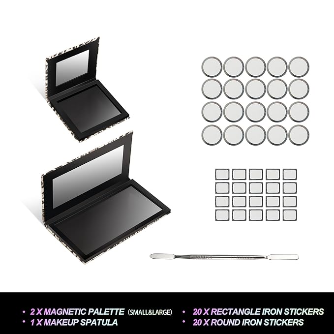 2 Packs Leopard Magnetic Makeup Palette Empty with Spatula and Metal Stickers, 18-pan and 9-pan Empty Eyeshadow Palette for Travel, DIY