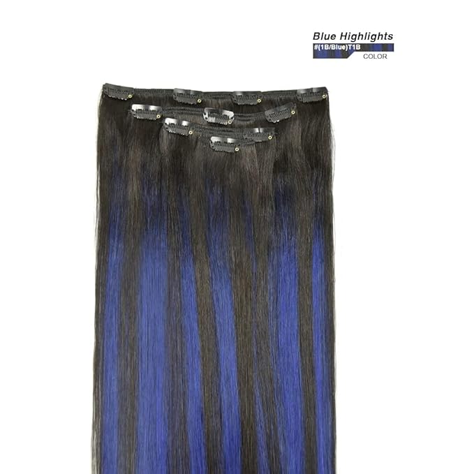 14" Clip in Hair Extensions Remy Human Hair Blue Balayage for Women - Silky Straight 100% Real Human Hair 50grams 4pieces #(1B/Blue) T1B Color