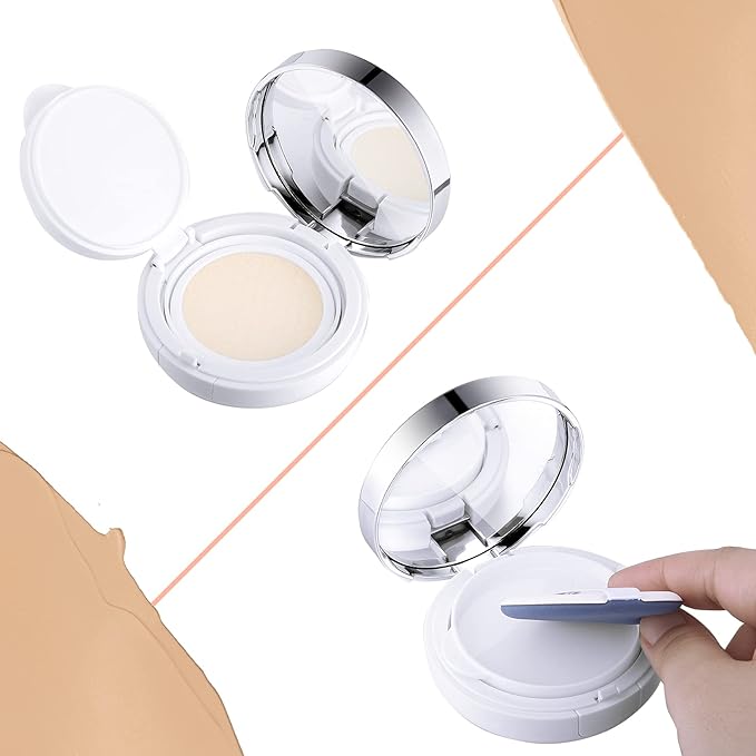 Patelai 7 Pcs 0.5oz Silver Empty Luxurious Air Cushion Puff Box with Sponge Puff and Mirror, Portable Make-up Powder Container Case with Extra Sponges and Puffs, Refillable Foundation Bb Cream Box