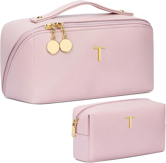 Birthday Gifts for Women Teen Girl, Personalized Initial Makeup Organizer Bag Set, Open Flat Travel Cosmetic Bag With Clear Divider and Handle(Pink,T)
