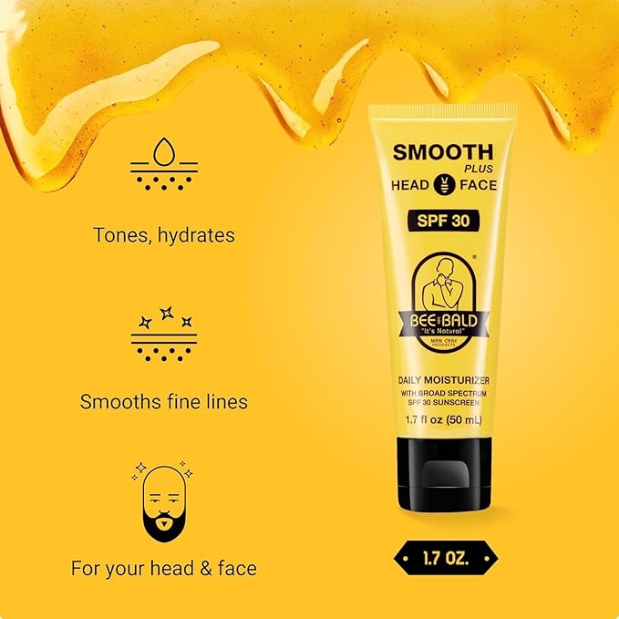 Bee Bald SMOOTH PLUS Head & Face Moisturizer with SPF 30 Sunscreen Lotion Protecting Skin From Harmful UVA/UVB Rays While Hydrating, Moisturizing and Toning, 1.7 Fl Oz (Pack of 3)