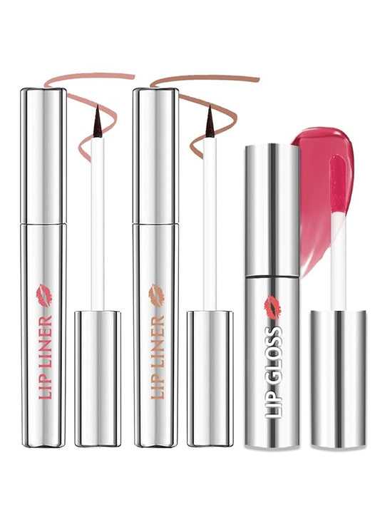 Peel Off Tattoo Lip Liner Stain Lip Gloss Combo Sets, 2 Colors Rose Pink Brown Matte Lip Liner and Nourishing Lip Gloss Tint Stain Kit, Long Lasting Waterproof Non Sticky Liquid Lipstick Makeup-Set 02