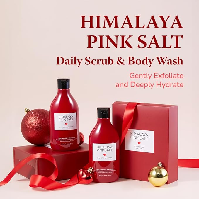 HIMALAYA PINKSALT Daily Scrub Body Wash Love Edition Gift Set – Exfoliating Body Scrub with Himalayan Pink Salt, Hyaluronic Acid & Retinol, Moisturizing Shower Gel, Christmas Gift, 14.4oz x2