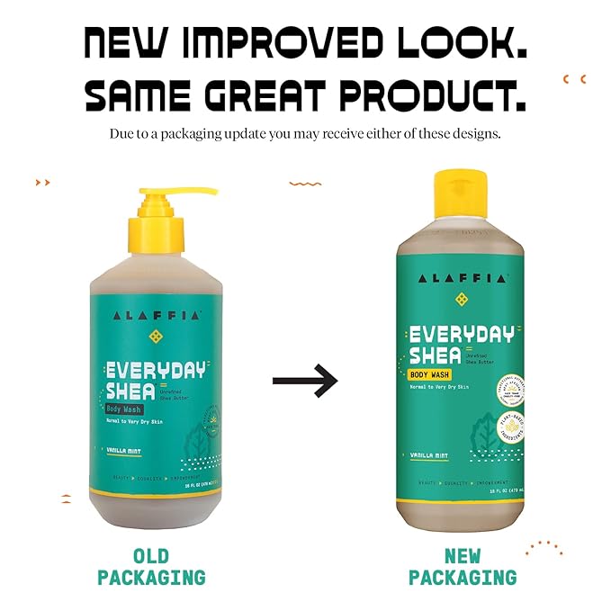 Alaffia Everyday Shea Body Wash, Naturally Helps Moisturize and Cleanse Without Stripping Natural Oils with Fair Trade Shea Butter, Neem, and Coconut Oil, Vanilla Mint, 2 Pack - 16 Fl Oz Ea