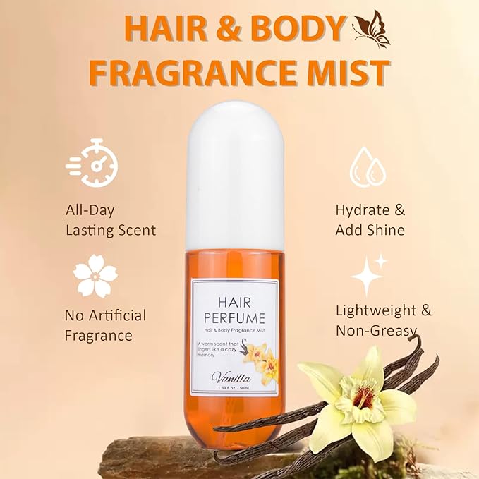 Vanilla Hair & Body Perfume Spray, Pheromones Perfumes for Women, Long-Lasting Fragrance Mist, Frizz Control & Shine-Enhancing, Nourishing Hair Repair Mist, Daily Use, Alcohol-Free, 1.7 Oz Travel Size
