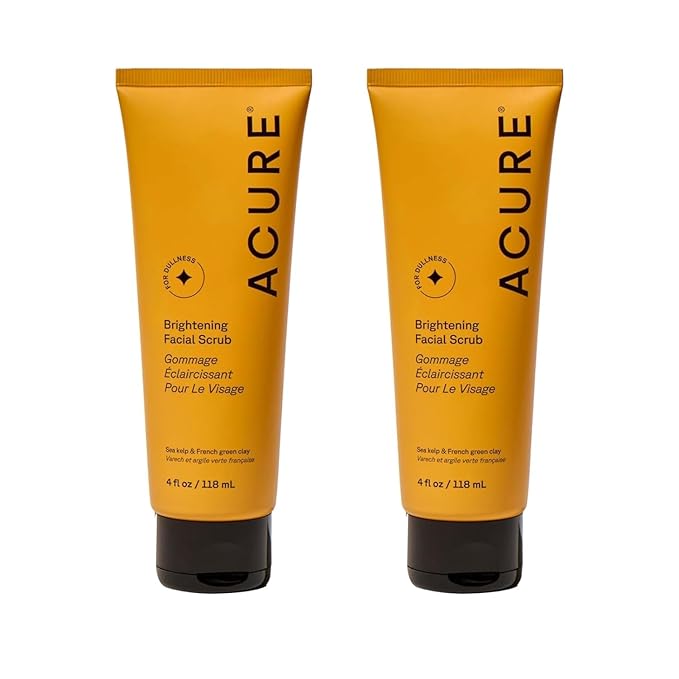 Acure Brightening Facial Scrub - Exfoliating Face Wash, Gentle Daily Scrubber & Exfoliator for Women & Men for Radiant Skin, Cleansing Wash with Sea Kelp & French Green Clay - 4 fl oz (2 Pack)