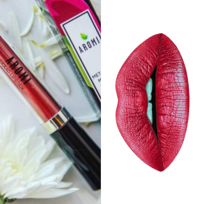 Aromi Dark Red Metallic Liquid Lipstick | Ruby Maroon Lip Color with Shimmery Finish, Vegan, Cruelty-free, Holiday Makeup, Long-Lasting (Candy Apple)