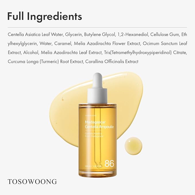 TOSOWOONG Madagascar Centella 86% Ampoule with 860,048ppm Centella Asiatica, Soothing, Calming, Facial Serum for face, for All Skin Types, Korean Skin Care, 100ml, 3.38 fl.oz.