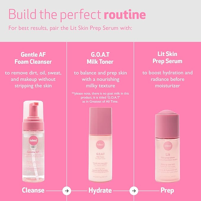 Indeed Labs Lit Skin Prep Serum for Makeup | Face Serum with Taurine for Radiance, Hydrating Hyaluronic Acid, & Pore-Minimizing Niacinamide | Gentle Makeup Base Facial Moisturizer | All Ages, (30 mL)