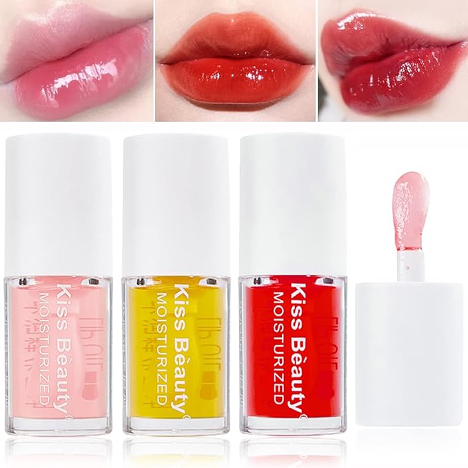 3 Pcs Fruity Plumping Lip Oil Moisturizing Hydrating Lip Care Hydrating Lip Gloss Tinted Lip Balm, Long Lasting & Nourishing Lip Glow Oil, Non-sticky Fresh Texture