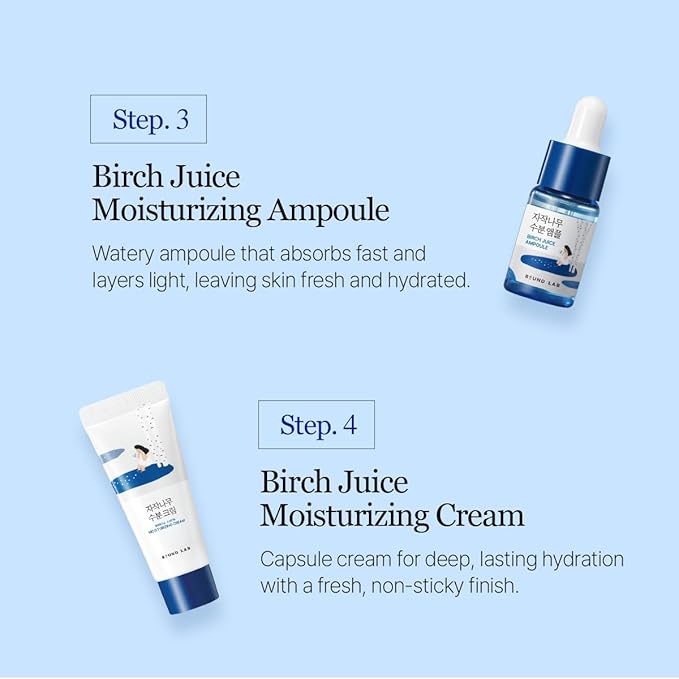 ROUND LAB Birch Juice Moisturizing Mini Kit, 4-Step Travel Size Skincare Set (Cleanser, Toner, Serum, Cream) | Korean Moisturizer, Hydrating Routine | For Acne-Prone, Sensitive Skin | Beauty Gift Set