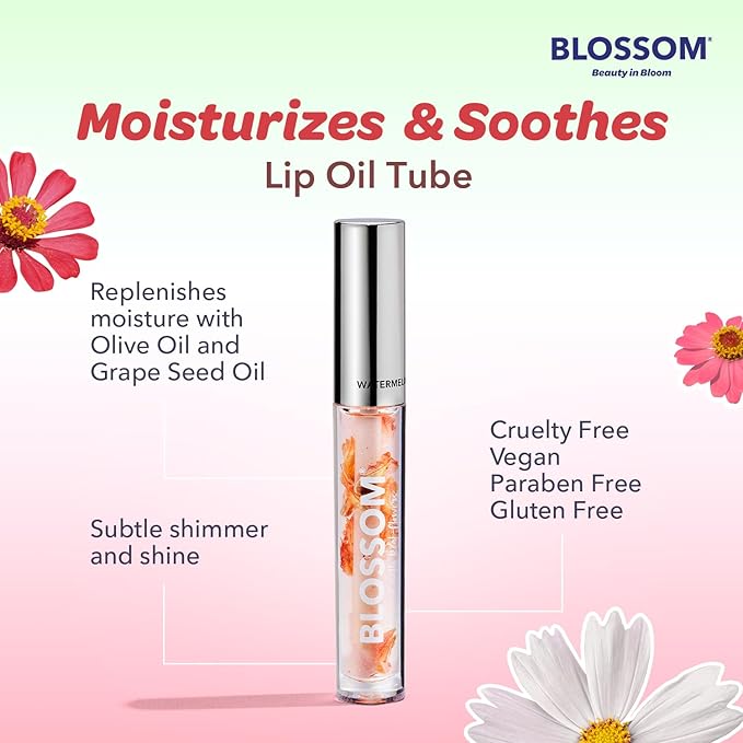 Blossom Lip Oil with Olive Oil + Grape Seed Oil, Moisturizing and Hydrating Shimmer Sparkle, Infused with Real Flowers, 6g, Holiday Stocking Stuffer, 2 pack, Coconut/Watermelon