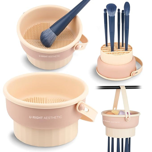 Makeup Brush Cleaner Mat 3 in 1 Silicone Makeup Brush Cleaner Bowl Cosmetic Brushes Cleaning Tool Makeup Cleaner for Brushes (KHAKI)