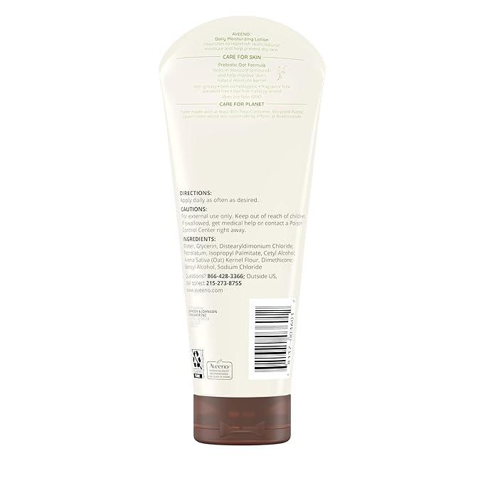 Aveeno Daily Moisturizing Body Lotion, Body Lotion for Dry Skin with Prebiotic Oat, Paraben Free, Fragrance Free, Non-Greasy, Non-Comedogenic Moisturizer, 8 FL OZ