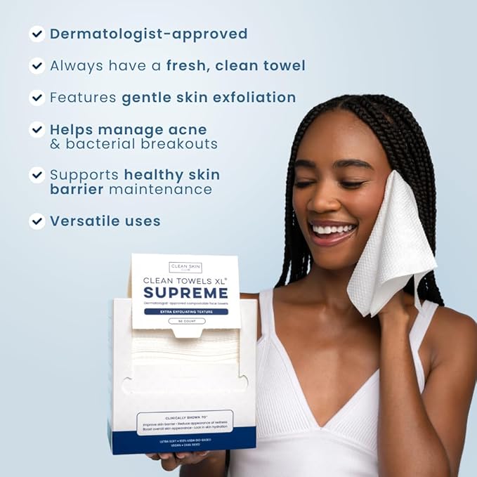 Clean Skin Club Clean Towels XL® Supreme, 100% USDA Biobased Face Towel, Disposable Face Towelette, Eczema Association Accepted, Thicker Textured Makeup Remover Dry Wipes, 1 Pack, 50 Ct