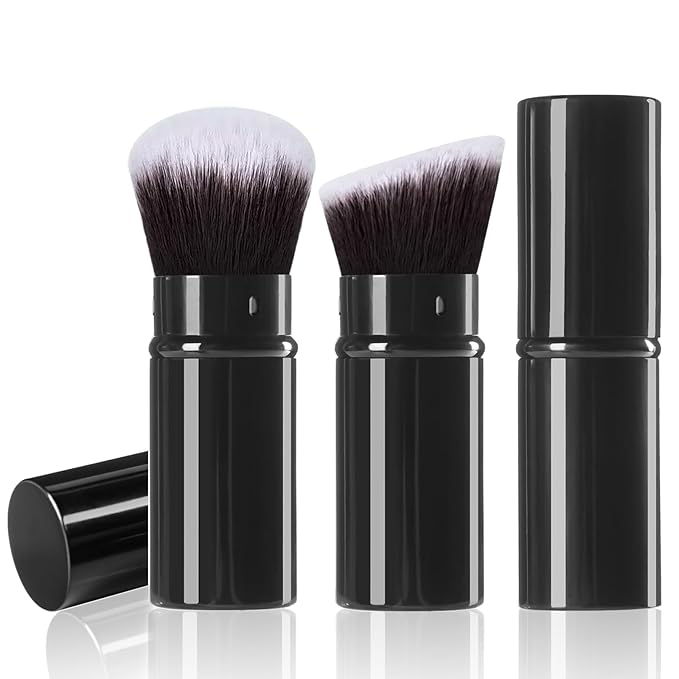 Retractable Kabuki Makeup Brush, 2 Pack Travel Angled Powder Foundation Blush Brush Set for Blending Liquid, Bronzer, Buffing, Concealer, Blush, Highlighter, Flawless Cosmetics