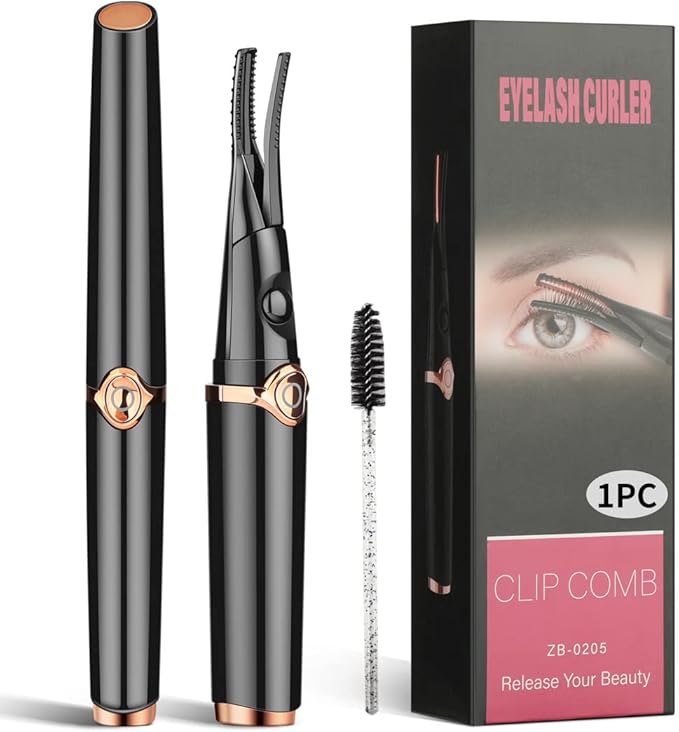 Heated Eyelash Curler, USB Rechargeable Electric Heating Eyelash Curler for Women, 3 Temperature Modes 2 in 1 Clip-Type Eyelash Curler with Built-in Comb Fast Heating & Long Lasting