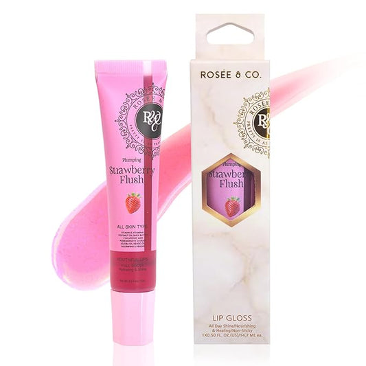 Rosee Lip Gloss Vegan & Cruelty Free Treatment, Professional Make up, Long Lasting Glossy with Shea Butter, Moisturize, Protect & Smooth, High Shine, Non-Sticky (g. Strawberry Flush, 0.5)