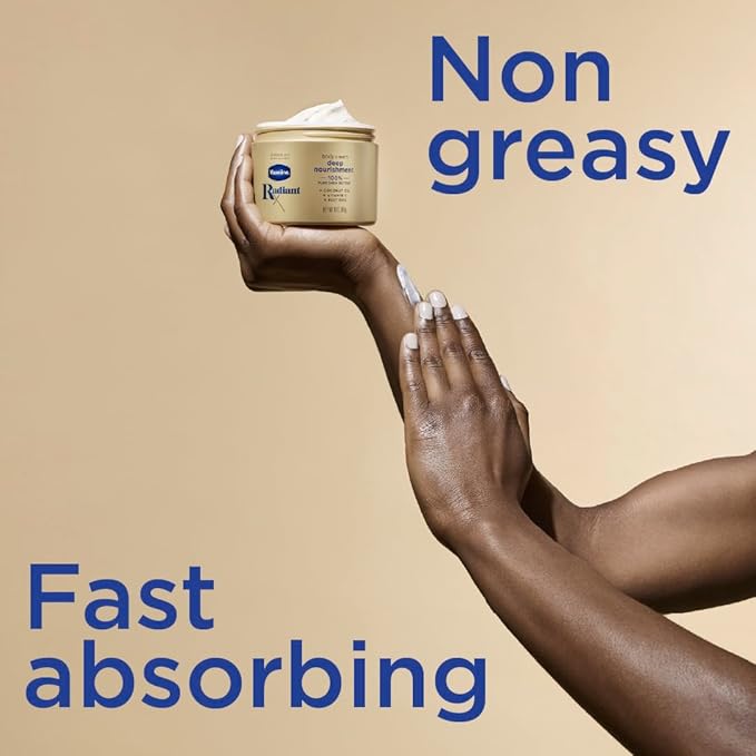 Vaseline Radiant X Deep Nourishment Body Cream 100% Pure Shea Butter, Coconut Oil, Vitamin C, & Peptides 10 oz