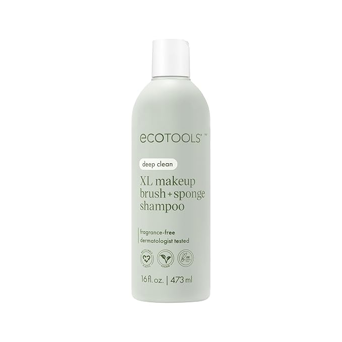 EcoTools XL Makeup Brush + Sponge Shampoo, Removes Makeup, Dirt, & Impurities From Makeup Brushes & Makeup Blending Sponges, Fragrance-Free, Vegan, & Cruelty-Free 16 fl. oz./473 ml, 1 Count, Clear