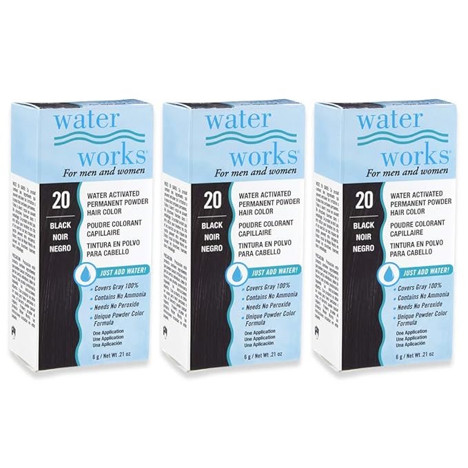 Water Works Hair Color Powder, Black – Permanent Hair Dye for Root Touch-Up & Full Coverage, Men & Women, 3 Pack