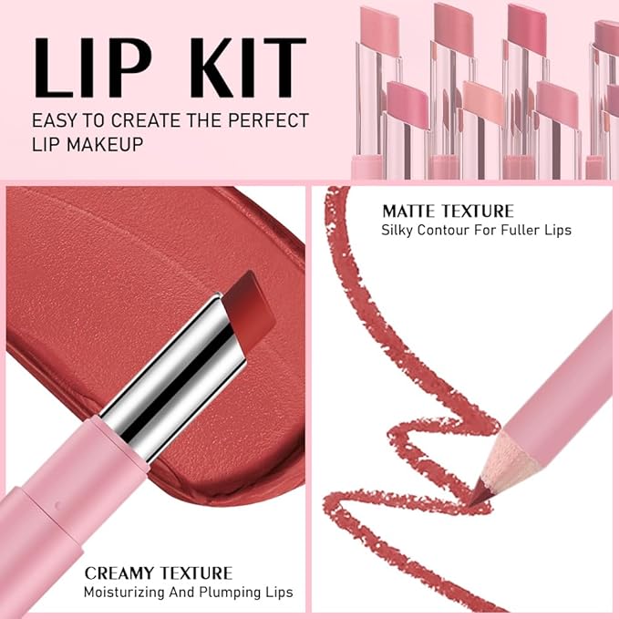 2-in-1 Brown Matte Lip Liner & Lipstick Combo Set,Lips Kit with Lip Liner Lip Stains Long Lasting Waterproof Smudge Proof for Older Women 24 Hours Lipliners Pencil Lipstick Makeup Gift Kit,Vegan