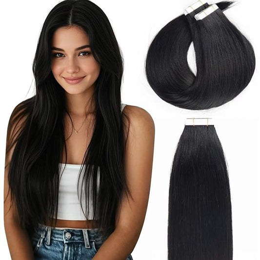Lacer Hair Semi-permanent Real Remy Human Tape on Hair Extensions 50g 20pcs Tape Attached Skin Weft Invisible Seamless Reusable Jet Black Color #1 22 Inch