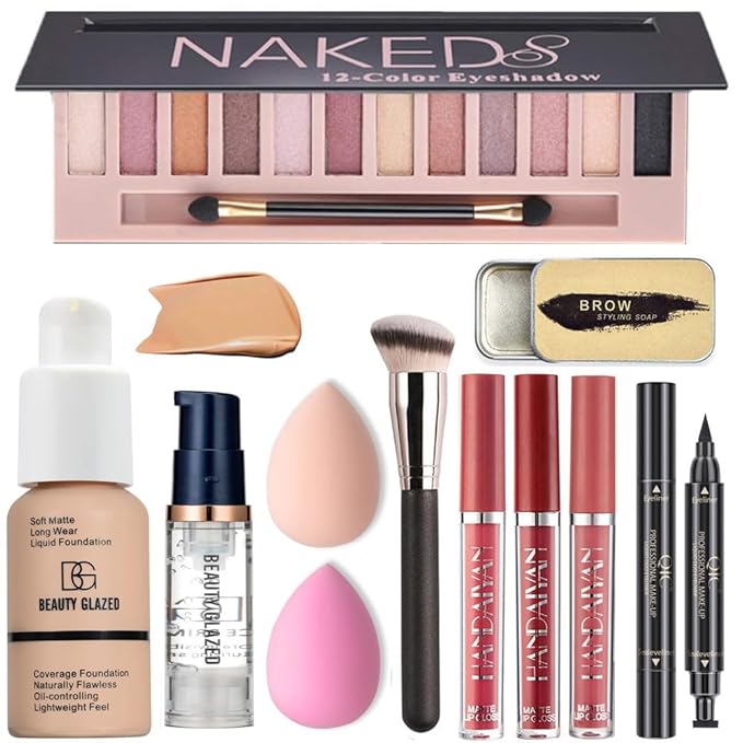 All in One Makeup Kit for Women Full Kit – 12 Color Shimmer Eyeshadow Palette, Buff Beige Foundation, Liquid Lipsticks, Face Primer, Brow Soap, Winged Eyeliner Stamp, Makeup Brush & Sponges Gift Set