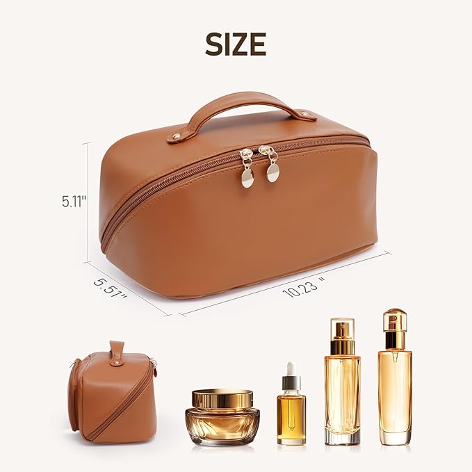 Large Capacity Cosmetic Bag for Women, Waterproof PU Leather Makeup Bag for Travel,Toiletry Bag Make up Organizer with Divider and Handle (Brown)