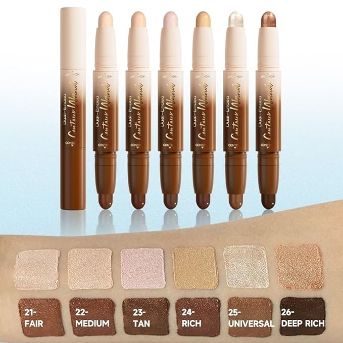 Black Cocoa + Bronzer Shimmer Contour Stick Dual Ended Face Body Makeup Waterproof no Transfer, 2 in 1 Cream Concealer Stick Contouring Makeup Kit, Nose Contour Bronzer Sticks Face Highlighter Make up