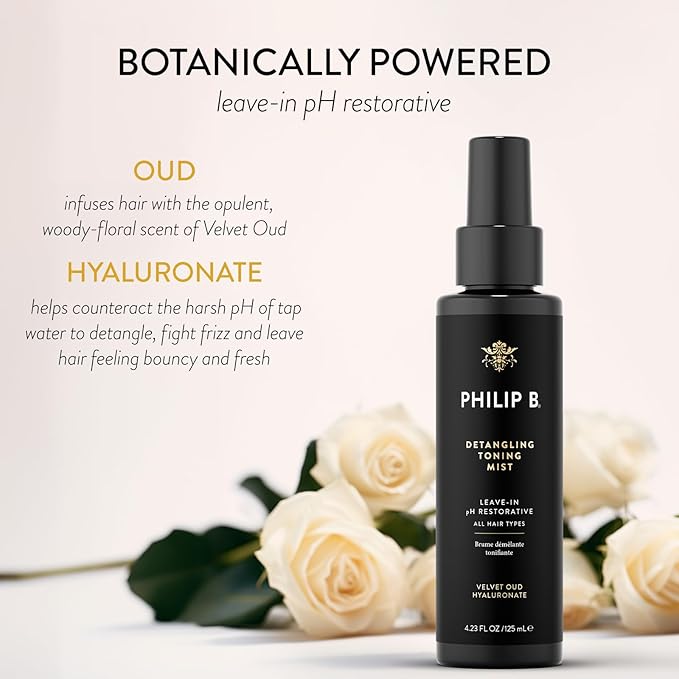 PHILIP B Detangling Toning Mist with Velvet Oud, 4.23 fl. oz. (125 ml) - Leave-In pH Restorative Daily Detangling Mist, Leaves Hair Glossy & Frizz-Free