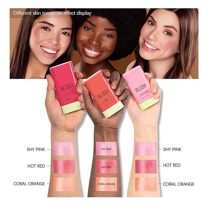 Multi-Use Makeup Blush Stick, Cream Blush Stick, Tinted Solid Moisturizer Stick for Cheek & Eyes & Lips, Waterproof Natural Nude Makeup, Suitable for All Skin (3#Coral Orange)