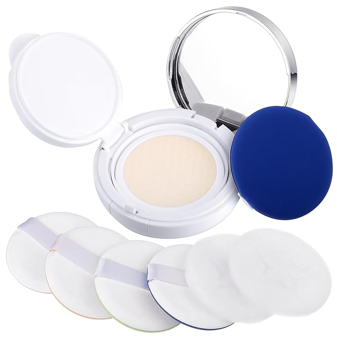 Patelai 7 Pcs 0.5oz Silver Empty Luxurious Air Cushion Puff Box with Sponge Puff and Mirror, Portable Make-up Powder Container Case with Extra Sponges and Puffs, Refillable Foundation Bb Cream Box