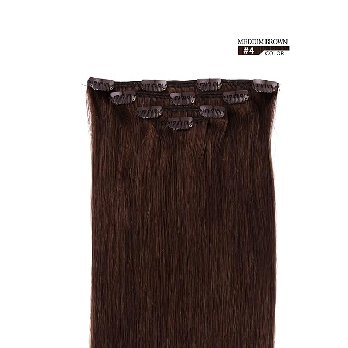 16" Clip in Hair Extensions Remy Human Hair for Women - Silky Straight Human Hair Clip on Extensions 55grams 4pieces Medium Brown #4 Color