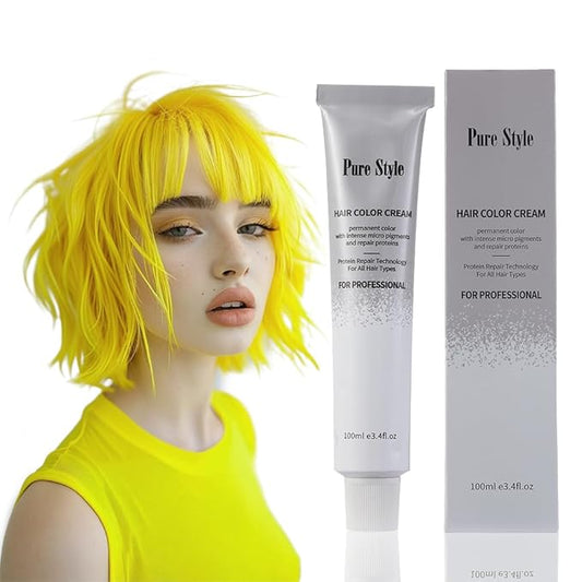 PureStyle 100g Professional Permanent Hair Color Dye Cream Ammonia Free, Long Lasting Yellow Color, Natural Shine, For All Hair Types Easy At Home Application (0/33 Yellow)