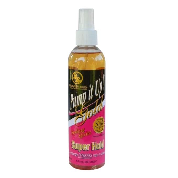 Bronner Bros Pump It Up Styling Spritz Gold 80% – Fast-Dry Hair Spray Extra Hold with Vitamin B5 & Silk Protein - Maximum Hold Finishing Spritz Hairspray, Adds Shine, Nourishes, No Build-up - 8oz
