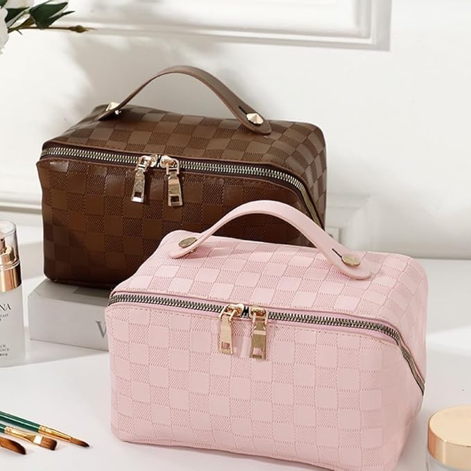 Large Capacity Makeup Bag Portable Travel Cosmetic Bag for Women Girls Gift Makeup Pouch Portable Zipper Bag (Pink Checkered - upgrade)