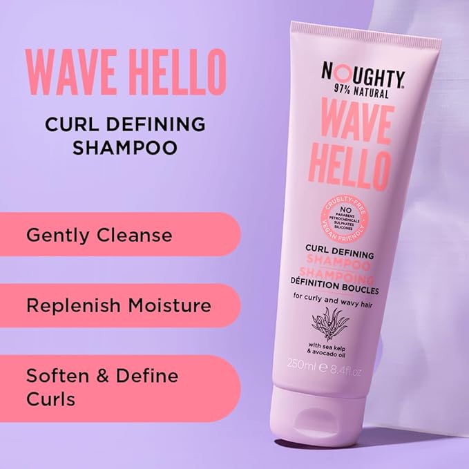 Noughty Wave Hello Curl Defining Shampoo - 97% Natural, Vitamin-Rich Formula for Curly and Wavy Hair, Sulphate-Free Vegan Haircare, 250ml