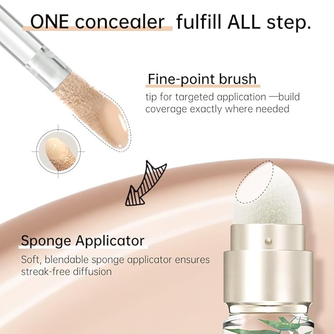 CATKIN Full Coverage Dual-Ended Liquid Concealer Eraser Dark Circles Treatment, Creamy Blendable smooth formula for Blemishes Redness, Long Lasting Waterproof, Sponge Tip Included 5g C01 Shell