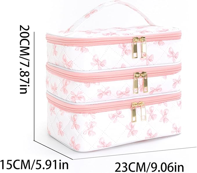 Travel Makeup Bag for Women Three Layer Large Cosmetic Case Water-resistant Toiletry Bag Organizer for Store Toiletries Cosmetic Accessories and Manicure Sets Pink Butterfly