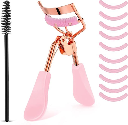 Eyelash Curler Kit Metal Eye Lashes Curler，Professional Makeup Tool with Built-in Comb Eye with 10 Replacement Refill Pads Get Dramatically Curled Eyelashes for Women Girl (Pink)