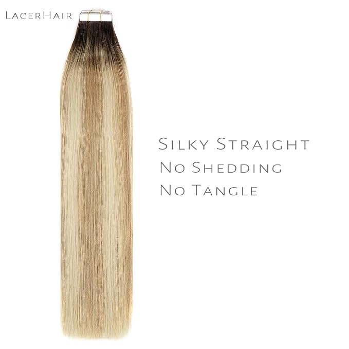 LacerHair Tape in Natural Hair Extensions Human Hair 14 Inch Tape in Human Hair Extensions Color Caramel blonde Mixed Bleach blonde with Darkest Brown Roots 50 Gram Remy Human Hair Tape Ins R#2-27/613