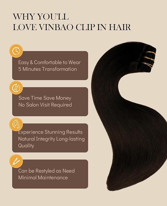 VINBAO Clip in Human Hair Extensions Off Black 16 Inch 100g 6pcs Clip in Hair Extensions Thick Remy Human Hair for Women (#1B,16'')