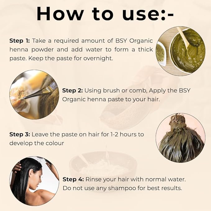 BSY Organic Henna Powder 100g | 100% Natural Lawsonia Inermis Hair Color | Chemical-Free Herbal Mehndi for Soft, Smooth & Shiny Hair | Safe Plant-Based Dye for Men & Women