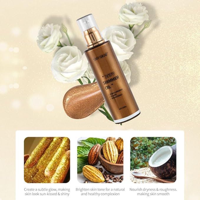 SAM SUGAR Shimmer Body Oil 3.38 Fl OZ Long Lasting Liquid Illuminator with Brush for Body Glow Illuminating Body Moisturizer 100ml Body & Face Highlighter for a Radiant Glow（02#）